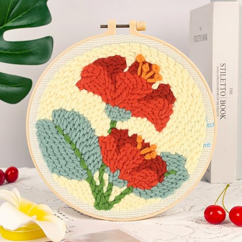 Woohome Punch Needle Kit Included Plastic Hoops, Punch Needle Cloth, Color Yarn and Punch Needle Tools for Adults, Beginners (Sunflowers, Butterflies and Flowers) - color: Color 19