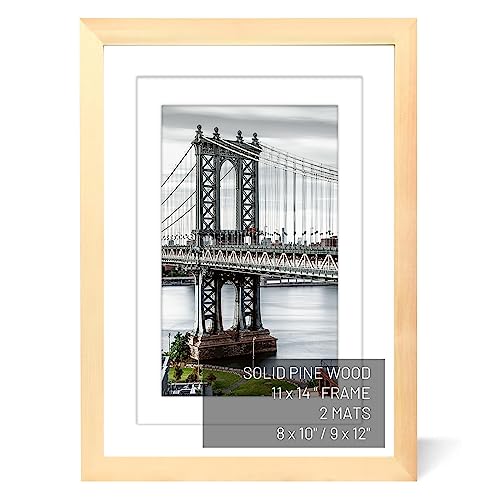 11x14 Solid Wood Picture Frames - Display Pictures 9x12 or 8x10, 11x14 Frame, Poster Photo Frame Art with 2 Mats for Wall Mounting or Table Top (Natural) - color: Natural, size: 11x14 inch