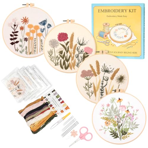 Dadanism Embroidery Kit for Beginners, 4 Pack Starter Embroidery Kits - style: Flowers