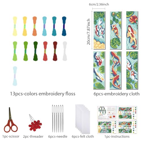 FREEBLOSS 6 Set Lotus Cross Stitch Bookmark Kit 8.66''x3.15'' 11CT - style: Koi ponds