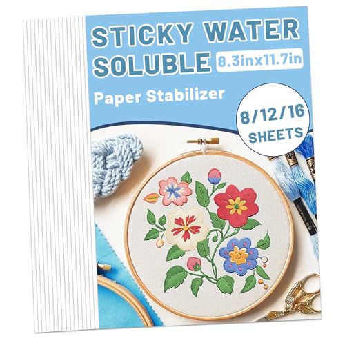 Sticky Water Soluble Embroidery Stabilizer 16PCS 8.3" x 11.7" Printable Wash Away Paper Stabilizer Allowed for Print or Draw Patterns Embroidery Transfer Paper for Hand & Machine Embroidery
