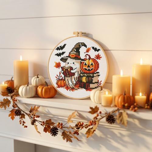 Stamped Cross Stitch Kits for Beginners Adults-Ghost,with Embroidery Hoop - color: Ghost-2605