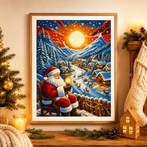 Zhenqing Christmas Santa Snowy Village Stamped Cross Stitch Kit for Beginners, 11CT Printed 28 x 38 cm Santa Claus Reindeer Moonlit Winter Landscape DIY Embroidery Set, No Hoop Needed - color: Santa’s Moonlit Snow Village