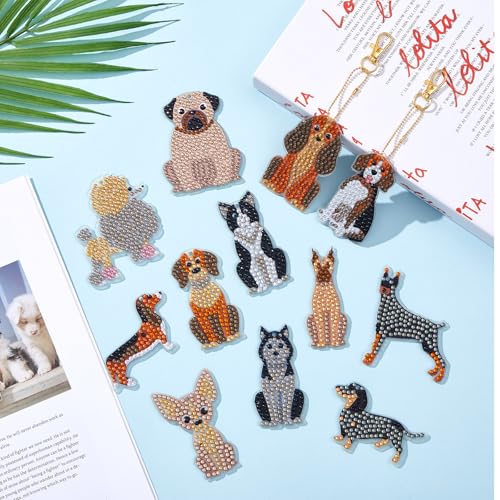 Junkin 12 Pcs Cross Diamond Painting Keychains, 5D DIY Craft Kits - style: Puppy