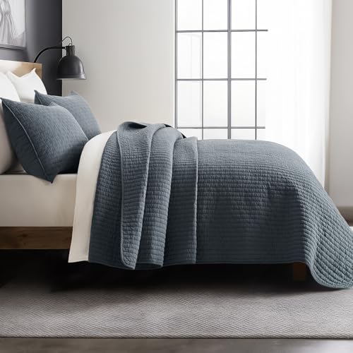 EverGrace 100% Cotton Cross Stitch 3-Piece Quilt Set, King, Midnight Blue - color: Midnight Blue, size: King/Cal King (108" X 96")