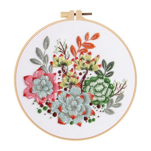 spicssa Embroidery Kit for Beginners, Hand Needlepoint Kits for Adults with Pre-Stamped Patterns, 7.8-Inch Hoop, Threads & Needles, Step by Step Instructions - color: Succulent