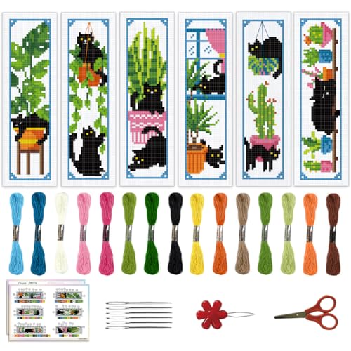 ACRNIGHEET 6PCS Cross Stitch Bookmark Kits Cute Cat and Plants Pattern Stamped Cross Stitch Kits for Beginners Adults DIY Stamped Embroidery Bookmarks with Instructions Hand Embroidery Craft Gift 11CT - style: Black cat and plant patterns