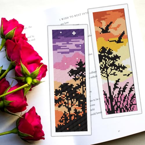 ORIGACH 6 Set Sunset Mountain Silhouette Cross Stitch Bookmark Kit - style: Sunset Landscape