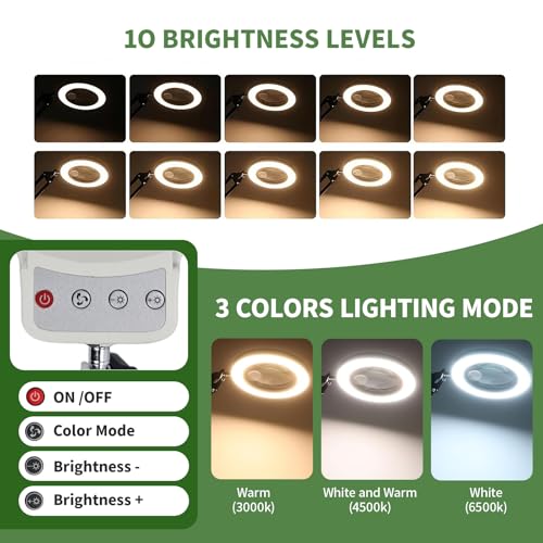10X/20X Magnifying Glass with Light and Stand, LED Desk Magnifying lamp with Base and Clamp, 3 Color Mode, 10 Dimmable Levels Desktop Magnifier, Crafts Jewelry Sewing Close Work (White) - color: White