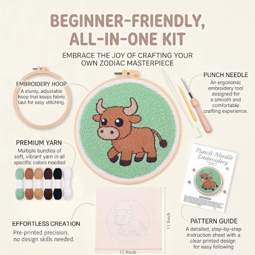 Harimau Punch Needle Kit Twelve Zodiac Signs Pattern,1Pc Embroidery Hoop, Essential Punch Needle Supplies,Ideal Punch Art for Beginners,DIY Adults Embroidery, Video Teaching - color: 65276