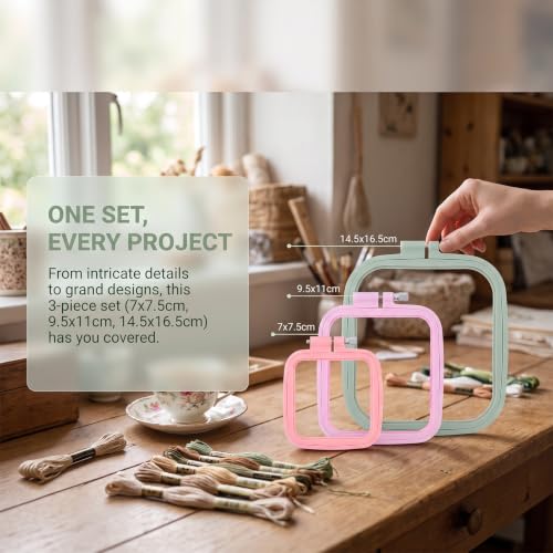 3 Pieces 3 Sizes Square Embroidery Hoops, Cross Stitch Hoop and ABS Plastic Embroidery Hoops for Embroidery,Cross Stitch and DIY Craft Sewing,Including 16pcs Gold Eye Sewing Needles - style: 3 sizes square