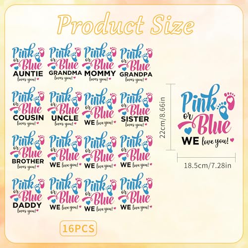 16 Sheets Gender Reveal Iron on Transfers for T-Shirts - style: Pink or Blue