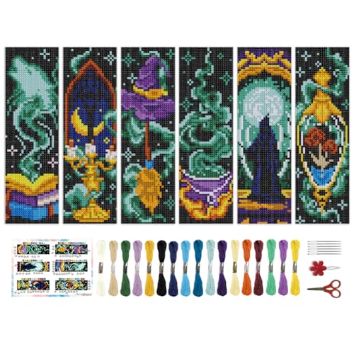 BEUNITONE 6 Pcs Cross Stitch Bookmark Kit for Beginner Magic Stamped Cross Stitch Kit for Adults Printed Embroidery Bookmarks Kits with Instruction for DIY Crafts Book Lovers 8.5''x3'' - style: Magic Element
