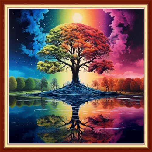 Findvoor Stamped Cross Stitch Kits for Beginners Full Range of Cross Stitching Embroidery Pattern for Adults, 11CT DIY Needlepoint Embroidery Starter Kits-Magic Tree 17.7x17.7 inch - color: StampedKits 32