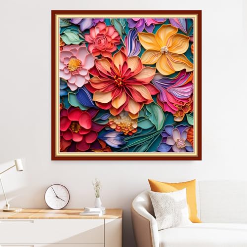 Disxvivy Cross Stitch Stamped Full Embroidery Kits DIY 11CT Cotton Thread Printed DIY Needlepoint Kits Craft Needlework Set Cross-Stitch Stamped Sets-Colorful Flowers 18x18 inch - color: Artstyle01