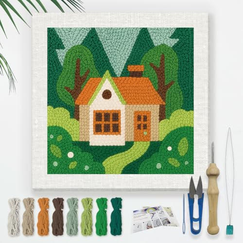 Doodlream Forest House DIY Punch Needle Embroidery Kit for Adult Beginner, 9.4" Forest House Punch Stitching Craft Set for Starter with Frame, Fabric Pattern, Threader, Yarn, Pinch Needle