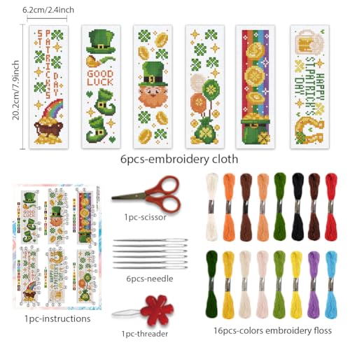 BEUNITONE 6 Pcs Bookmarks Cross Stitch Kits for Adults Beginner St. Patrick's Day Themed Stitch Bookmark Cross Stitch Kits for Beginners Good Luck Embroidery Kits Bookmark Kit for Book Lover 8''x2.4'' - style: St. Patrick's