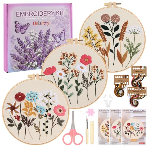 3 Sets Embroidery Kit, Cross Stitch Kits for Beginners, Needlepoint Kits for Adults with Floral Patterns, Hoop, Needles, Threads and Tools, Colorful Threads, Easy to Learn Step-by-Step Guide & Video - color: Embroidery Kit-B