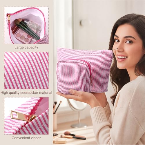 Sanwuta 4 Pcs Seersucker Pouch Striped Makeup Bag Set, Pink - color: Pink
