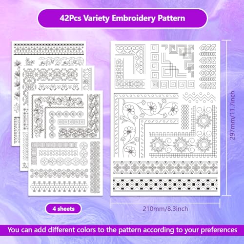 ORIGACH 4 Sheets Water Soluble Embroidery Patterns Stabilizers - Pre-Printed Borders & Motifs Designs - Stick & Stitch Embroidery Paper for Hand Sewing Lovers - color: Borders & Motifs
