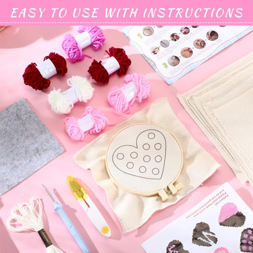 Yaomiao 6 Pcs Valentine's Day Punch Needle Coaster Kit Embroidery Kits Punch Needle Set Craft Supplies with Patterns Yarns Tools Adhesive Felt Embroidery Hoop Instruction Holder for DIY - style: Heart