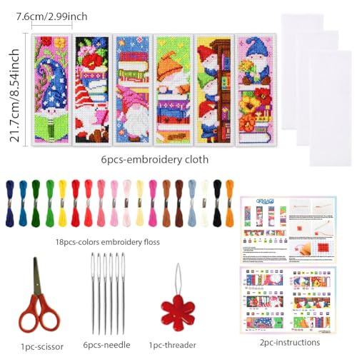 ORIGACH 6 Set Gnome Reading Cross Stitch Bookmark Kit for Beginner - style: Gnome Reading