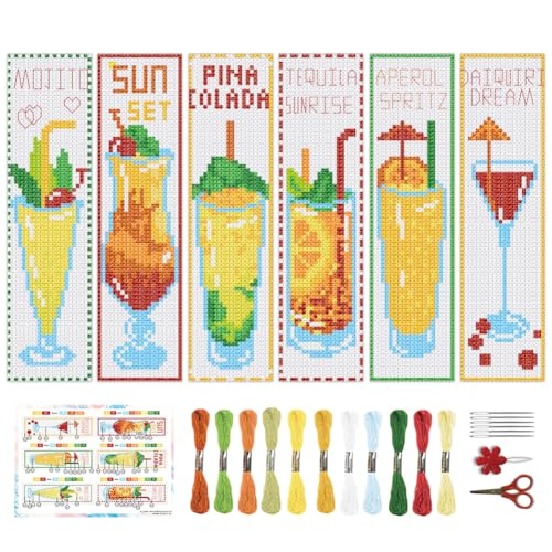 BEUNITONE 6 Pcs Summer Cross Stitch Bookmark Kits for Beginners Cocktail Sun Set Text Pattern Counted Cross Stitch DIY Stamped Embroidery Kits with Instructions for Book Lover Reader Writer 8''x2.4'' - style: Cocktail