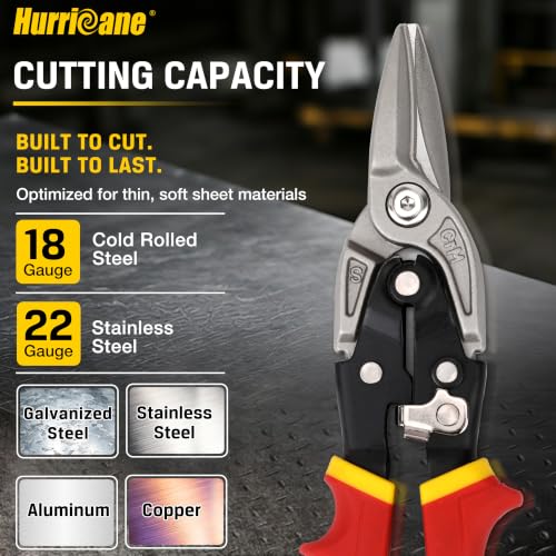 HURRICANE 10 Inch Aviation Tin Snips, Premium CR-MO Blade Straight Cut Metal Shears, High-Leverage for Sheet Metal, HVAC, Gutter and DIY Projects, with Safety Lock & Comfort Grip Handle
