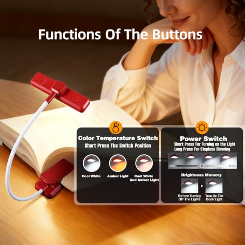 VAVOFO 24 LEDs Rotatable Book Light, Rechargeable Clip Reading Lamp, Red - color: Red