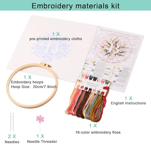Harimau Letter B Pattern Embroidery Kit for Adult Beginners, Complete Starter Pack with 1 Hoop, Needles, Instruction Guide & Embroidery Stitch Video Tutorials - color: White B