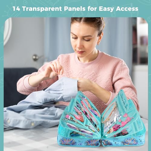 Hautton Sewing Craft Supplies Storage Tote, Large Capacity Organizer Bag with Multi Clear Pockets and Handle for Knitting, Crochet, Art Tools, Threads, Needles, Scissors and Accessories -Emerald - color: Emerald