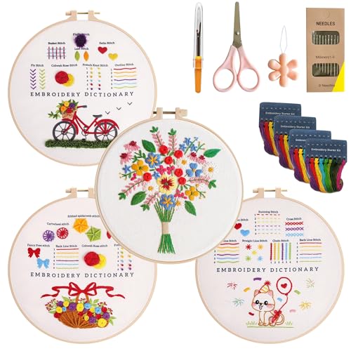 CornerLife 4 Pack Embroidery Kit for Beginners Adults, Hand Embroidery Kits with Pre-Stamped Floral Patterns and Instructions, Adjustable Hoop, Needlepoint Starter Kit DIY Art Crafts Gift (Flower A) - color: Flower A