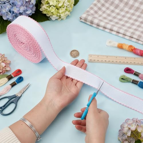 BENECREAT 14.8yd x 1.4in Aida Band with Pink Edge, Cross Stitch Fabric for Embroidery Needlework Bookmark DIY Crafts, 0.7mm Thick - color: Pink Edge