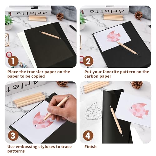 50 Sheets Carbon Paper Graphite Paper Black Carbon Transfer (8.5 x 11.5 inch) Tracing Papers with 5 PCS Embossing Styluses Dotting Tools for Wood Paper Canvas Craft - color: Black-50