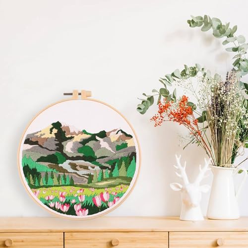 Harimau Adult Beginner Embroidery Starter Kit Natural Landscape Patterns, Complete Set with 4 Patterns, 2 Hoops, Needles, Scissors, Instruction Guide & Stitching Video Tutorials - color: Blue Mountain