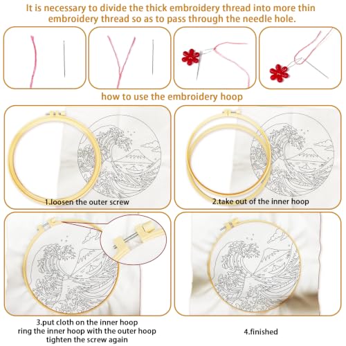 BEUNITONE 4 Pcs Embroidery Kit for Beginner, Ukiyo-e Style Landscape Wave Pattern Embroidery Materials, Cross Stitch Set with Cloth, Thread, Needle and Hoop Tools for Friendship Gift and Home Decor - style: C-Ukiyo Scenery