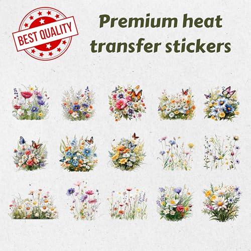 15 Pcs Wild Flower Iron on Decals Transfers, Floral Butterfly Heat Transfer Patches for T-Shirts, Spring DTF Heat Transfer Stickers for Clothes, Hats and Pillows DIY - style: Wild Flower