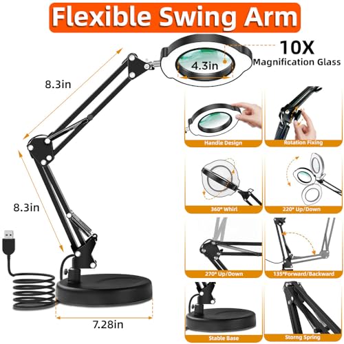 10X Magnifying Glass with Light and Stand 2-in-1 LED Lighted Desk Lamp - color: Black 2