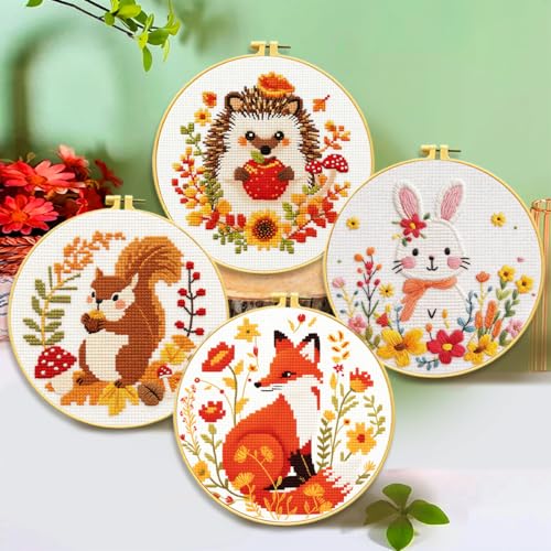 Zhenqing 4 Pack Woodland Animal Stamped Cross Stitch Kit, 11CT Printed Fox Squirrel Hedgehog Bunny Patterns with Hoop and Tools for Adults and Beginners - color: Fox Squirrel Hedgehog Bunny