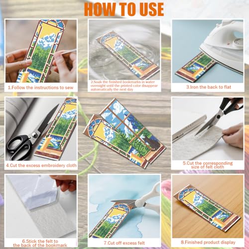 FREEBLOSS 6 Set Cross Stitch Bookmark Kit 11 CT Stamped Cross Stitch Kit DIY Embroidery Bookmark Kits for Adult Beginners with Instructions, Window Views, 6 x 20 cm/8" x 2.4" - style: Windows