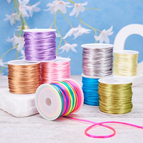 8 Rolls Satin Nylon Trim Cords 2mm Silk Cord Beading String 8 Colors Satin Rattail Cord Macrame Cords Bracelet String for Kumihimo Lanyards Jewelry Keychain Making - color: 8 Colors