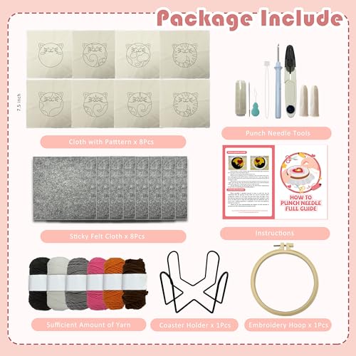 Punch Needle Kit for Beginners Adults Easy Needle Punch Embroidery Tool Set Including Threader Instruction Fabric Hoop Yarn Coaster DIY Making Kit Supplies,Set of 8 Cat Cute Pet Art Crafts Gifts - color: Cat