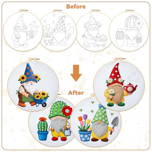 BEUNITONE 4 Set Gardener Gnome Embroidery Kit for Adult Beginners with Hoop - style: D-Dwarf