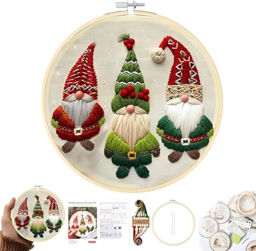 Christmas Embroidery Kit DIY Hand Embroidery Starter Cross Stitch Kits, Christmas Ornaments Embroidery with Stamped Pattern,Cotton,Threads,Needles,Instructions for Adults Beginners (Gnome 3) - color: Gnome 3