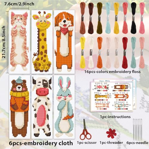 ACRNIGHEET 6PCS Cross Stitch Bookmark Kits for Beginners Cartoon Animals - style: Cartoon animal patterns