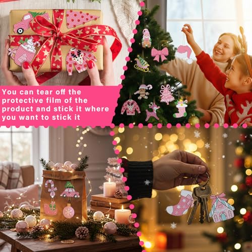 Hungdao 64 Pcs Diamond Art Christmas Ornaments Kits Diamond Art Painting Kits DIY Keychains for Adults 5d Bulk Winter Hanging Ornament Snowman Santa Claus Home Xmas Tree Craft Gift Decor(Classic Pink) - style: Classic Pink