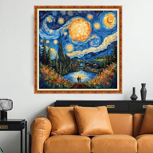 Funchey Counted Cross Stitch Kits for Adults Needlepoint Kits Unprinted Cross Stitching Embroidery Kit 11CT Cross Stitch Supplies-Van Gogh Starry Sky Couple 18x18 inch - color: Artcolor05