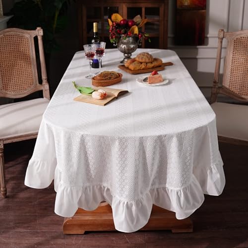 ARTMAGIC Oval Cotton White Tablecloth Lace Embroidered Table Cloth - size: 120" x 60" (Oval)