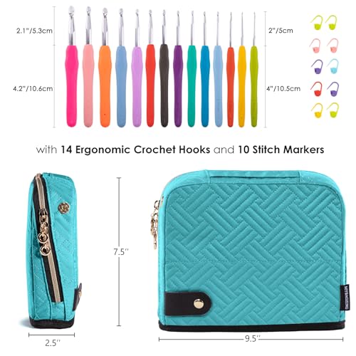 MYBAGZING Ergonomic Crochet Hook Set with Case 14 Sizes 2mm-10mmCrochet Kit - color: Teal, size: Case (14 Crochet Hooks)