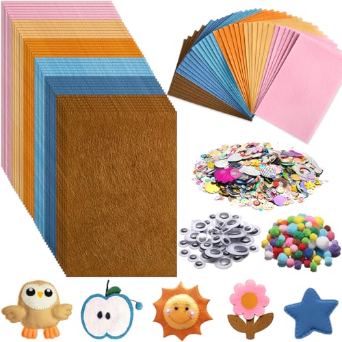 42Pcs Boho Felt Fabric Sheets 8 x 12 Inch Brown Beige Blue Assorted Soft Thick Felt Pack with Wiggle Google Eyes Pom Poms Glitter Patchwork Craft Supply for DlY Sewing Creative Art Project Decor - style: Boho Series